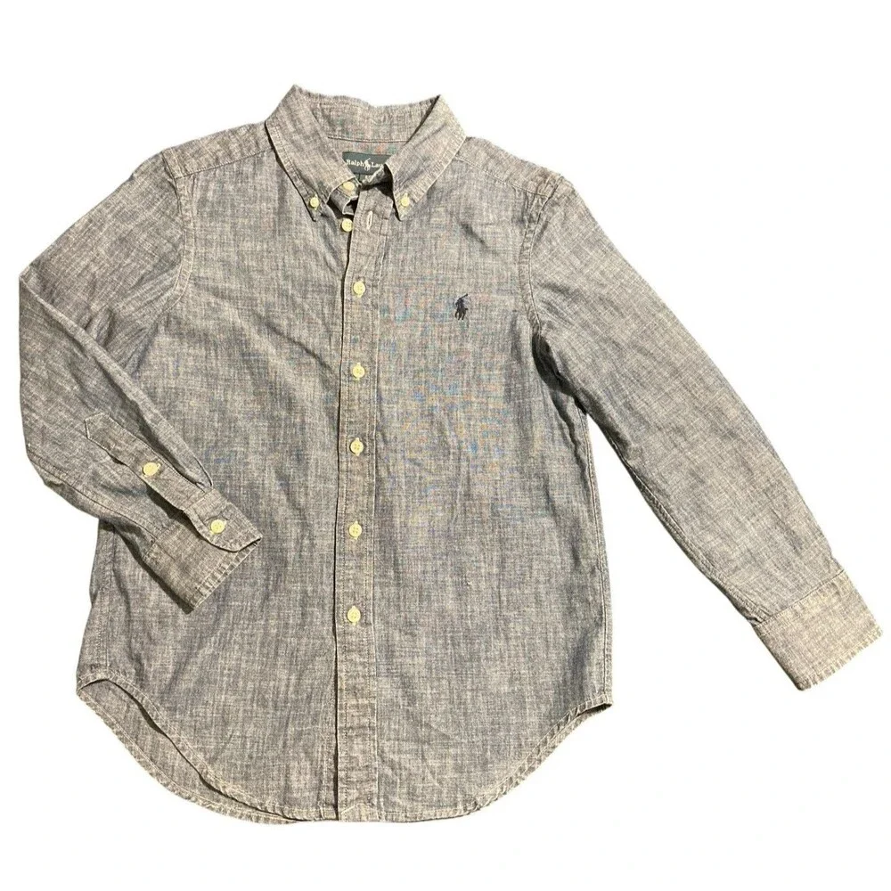 Ralph Lauren Boys‎ Sz 8 Chambray Button Down Shirt Blue Long Sleeve Cotton Logo